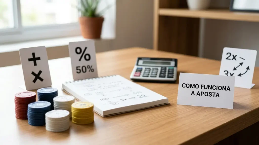 Fichas genéricas, calculadora e cartões com percentagens e multiplicadores de apostas