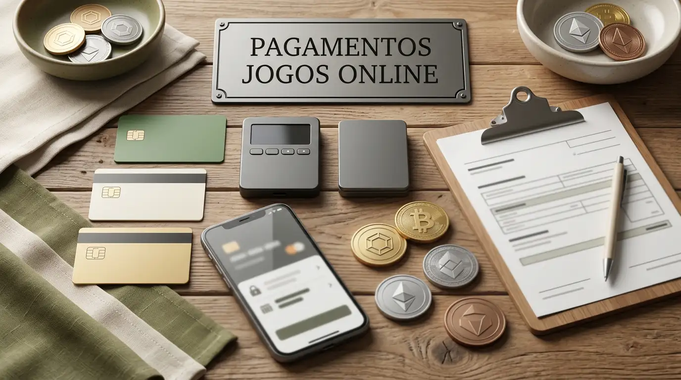 Cartões bancários, carteira digital e moedas cripto representadas por formas geométricas sobre uma mesa