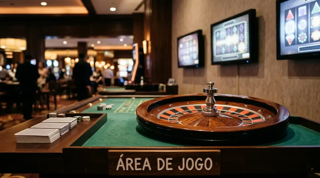 Mesa de casino genérica com cartas, roleta e ecrãs de jogos organizados por categorias