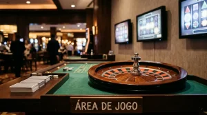 Mesa de casino genérica com cartas, roleta e ecrãs de jogos organizados por categorias