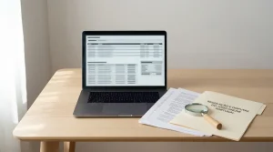 Portátil com um registo digital abstrato ao lado de documentos e uma lupa sobre uma secretária