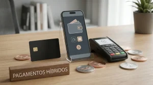 Cartão bancário, telemóvel, carteira digital genérica e fichas metálicas sem logótipos sobre uma secretária